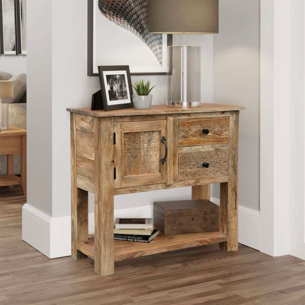 Konsola MONSOON z litego drewna mango w stylu boho z szufladami i półką – ręcznie rzeźbiony orientalny mebel