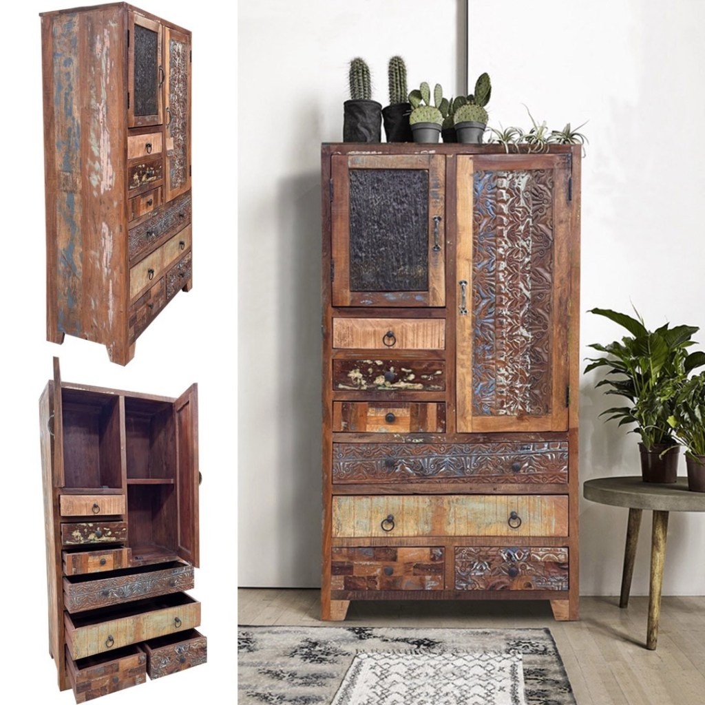 Komoda Gypsy z drewna z recyklingu w stylu boho i indyjskim – unikalny mebel orientalny z kolorowymi frontami, dostępny w Karina Meble Janki