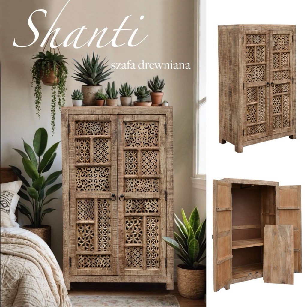 Szafa Shanti z litego drewna mango, ręcznie rzeźbiona w stylu orientalnym, z ażurowymi frontami. Elegancki mebel indyjski w stylu boho do sypialni lub salonu.