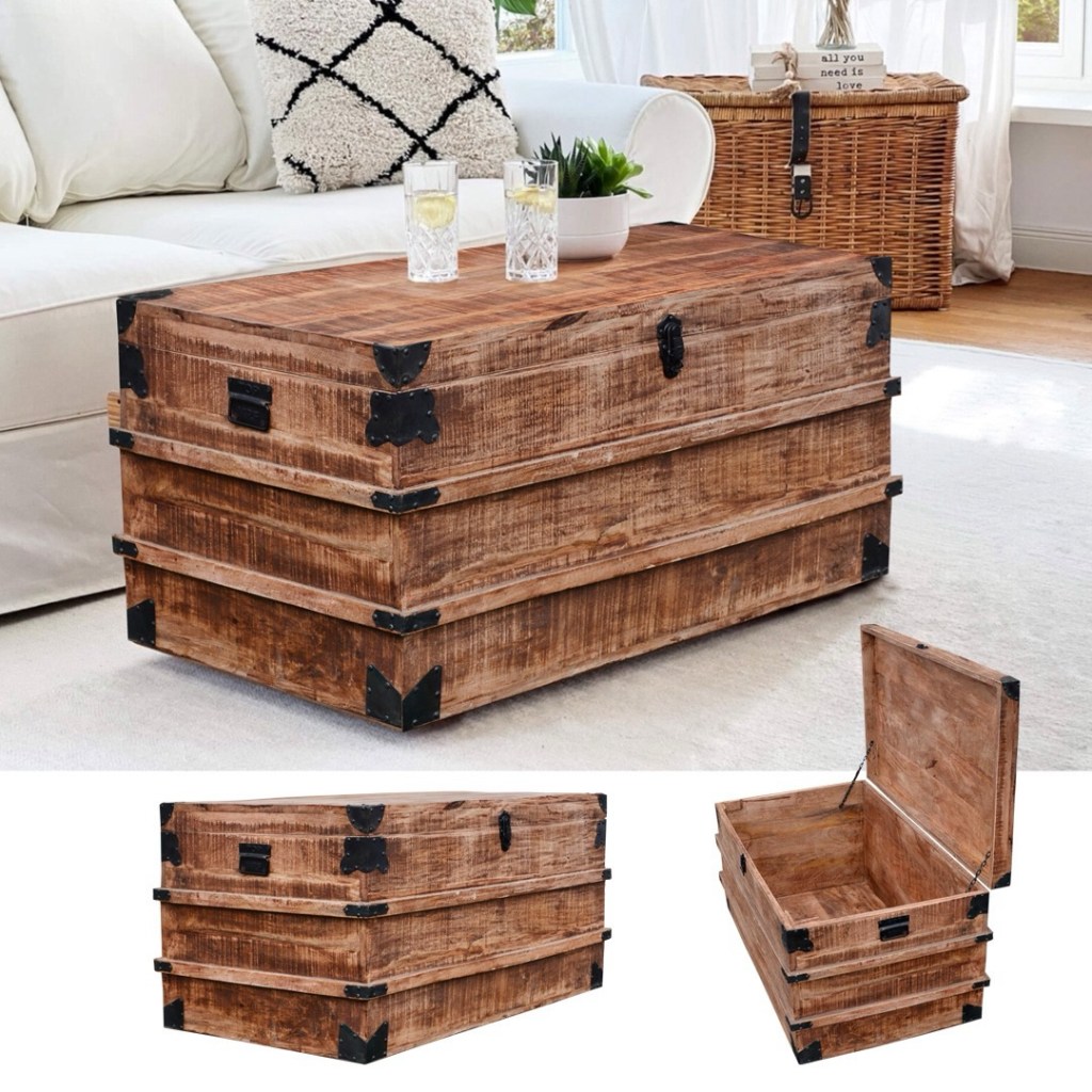 Skrzynia z postarzanego drewna mango z metalowymi okuciami w stylu loftowym i indyjskim – meble drewniane Karina Meble