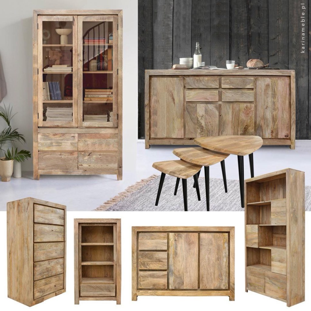 Nowoczesna witryna drewniana z półkami i szufladami, Drewniana komoda z szufladami i drzwiami, Stoliki kawowe z litego drewna mango – komplet trzech sztuk, Regał drewniany z półkami – nowoczesne meble do salonu, Biblioteczka drewniana w stylu klasycznym – Karina Meble Janki.