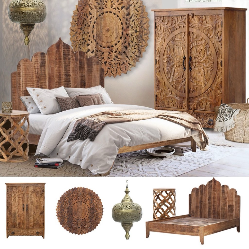 Ręcznie rzeźbione drewniane łóżko AGRA w stylu indyjskim i orientalnym, wykonane z litego postarzanego drewna mango, ustawione w sypialni boho z szafą i panelem ściennym.