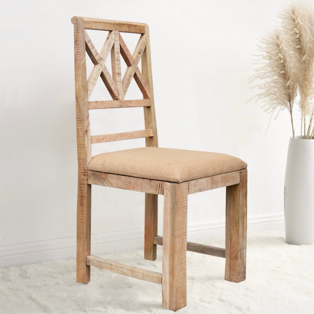 Krzesło loftowe tapicerowane z litego drewna mango w stylu industrialnym i boho – meble do jadalni i salonu