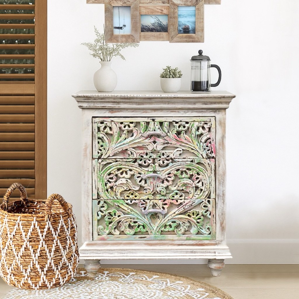 Kolorowa, rzeźbiona indyjska komoda boho z litego drewna mango, z pastelowymi motywami i szufladami; orientalny styl do salonu lub sypialni