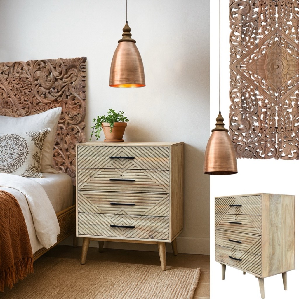 Komoda STRIPES z drewna mango w stylu boho z geometrycznym wzorem