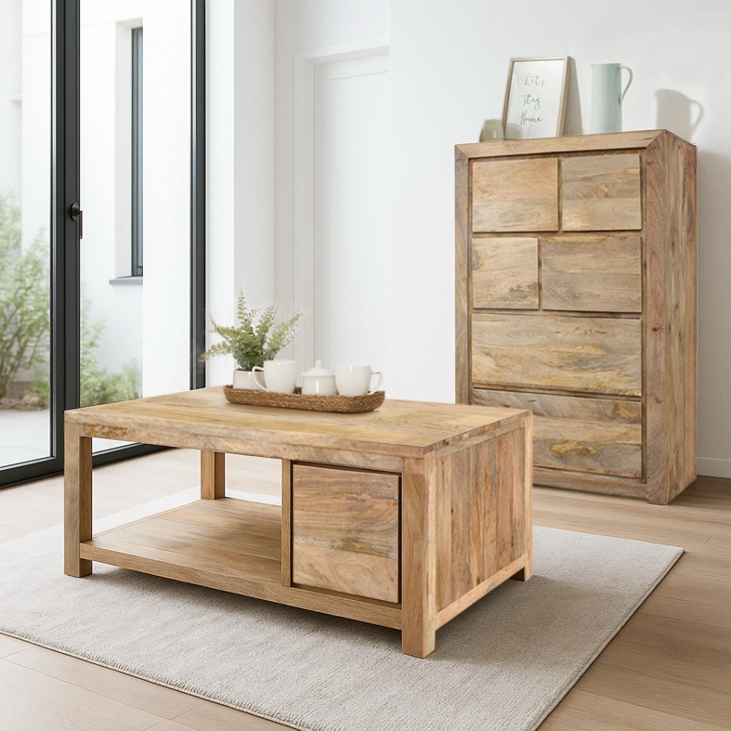 Nowoczesny stolik kawowy z litego drewna mango z szufladami i półką w stylu loftowym i skandynawskim