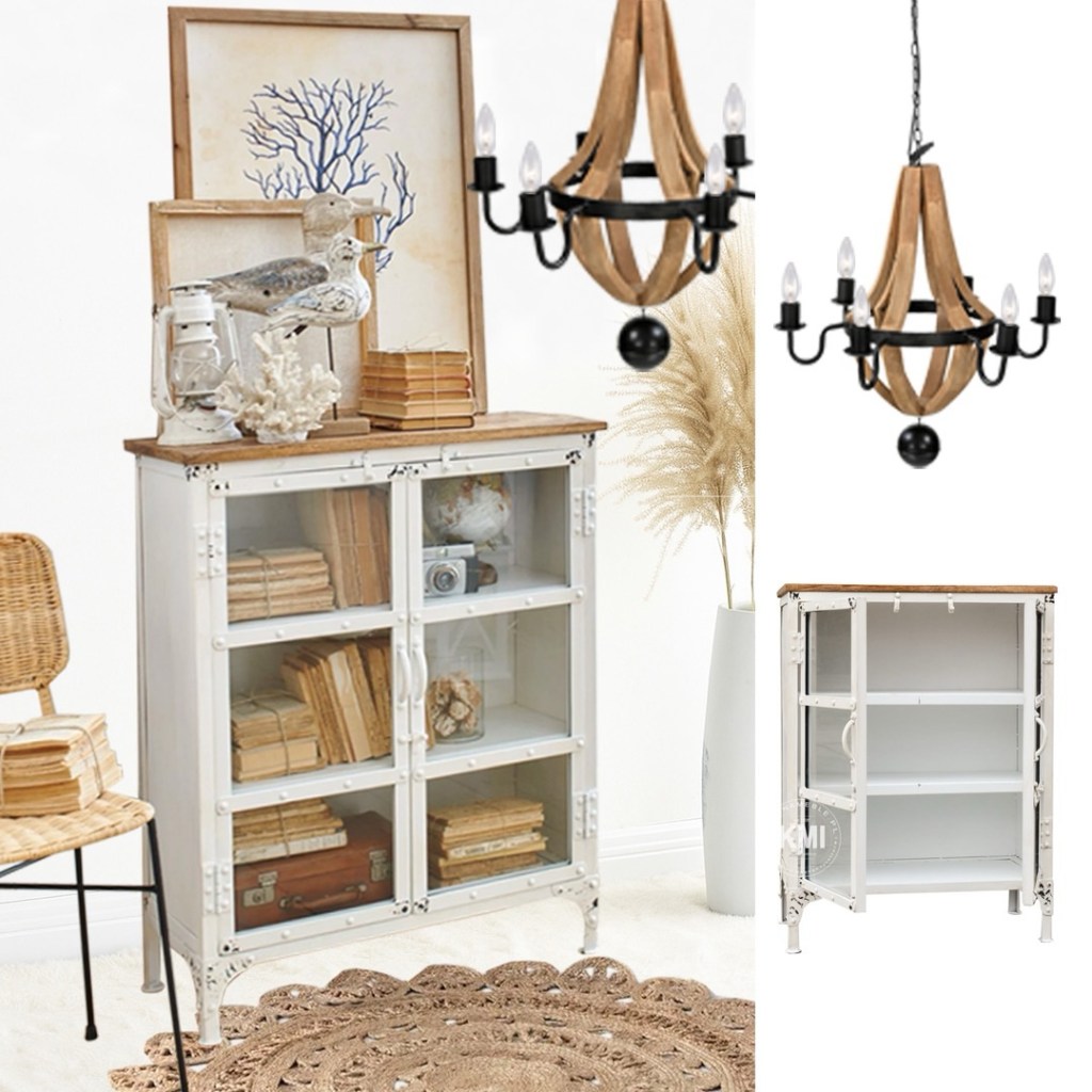 Biała witryna loftowa z metalu z drewnianym blatem i przeszklonymi drzwiczkami – meble industrialne do salonu i jadalni