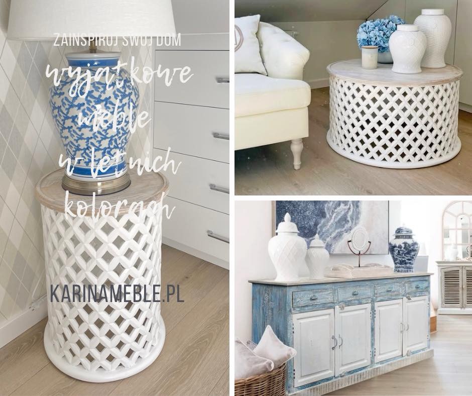 Duża przecierana komoda indyjska z drewna mango w stylu boho i orientalnym, w odcieniach bieli i błękitu