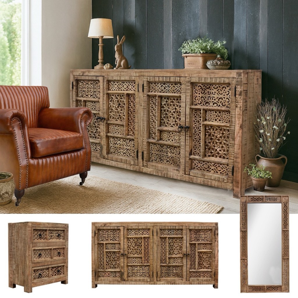 Komoda indyjska Shanti z litego drewna mango, ręcznie rzeźbiona w orientalne wzory – meble boho i orientalne od Karina Meble