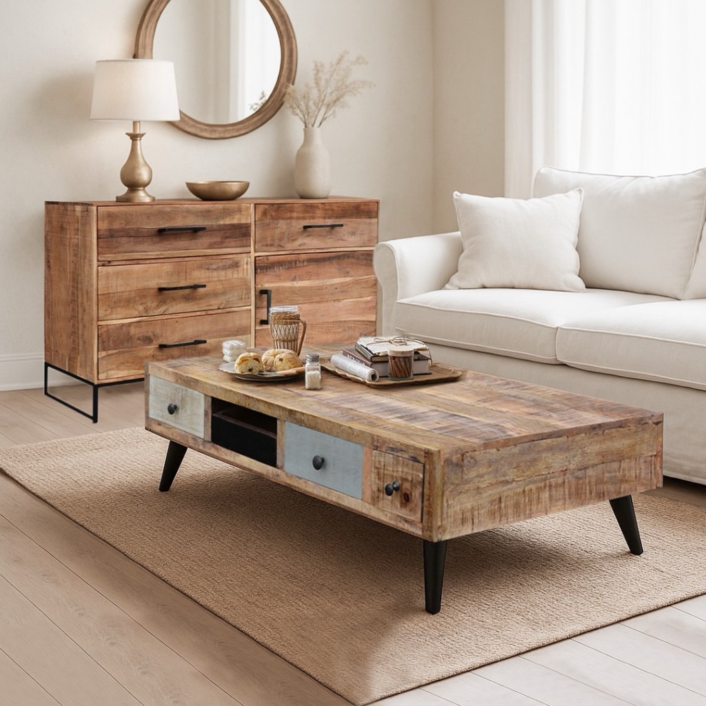 Drewniany stolik loftowy z litego drewna mango na czarnych metalowych nogach – meble industrialne do salonu, Karina Meble