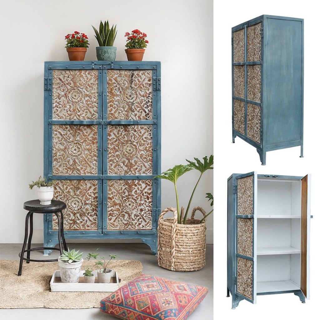 Komoda loftowa z rzeźbionym drewnem i niebieską metalową ramą w stylu rustykalnym i industrialnym.