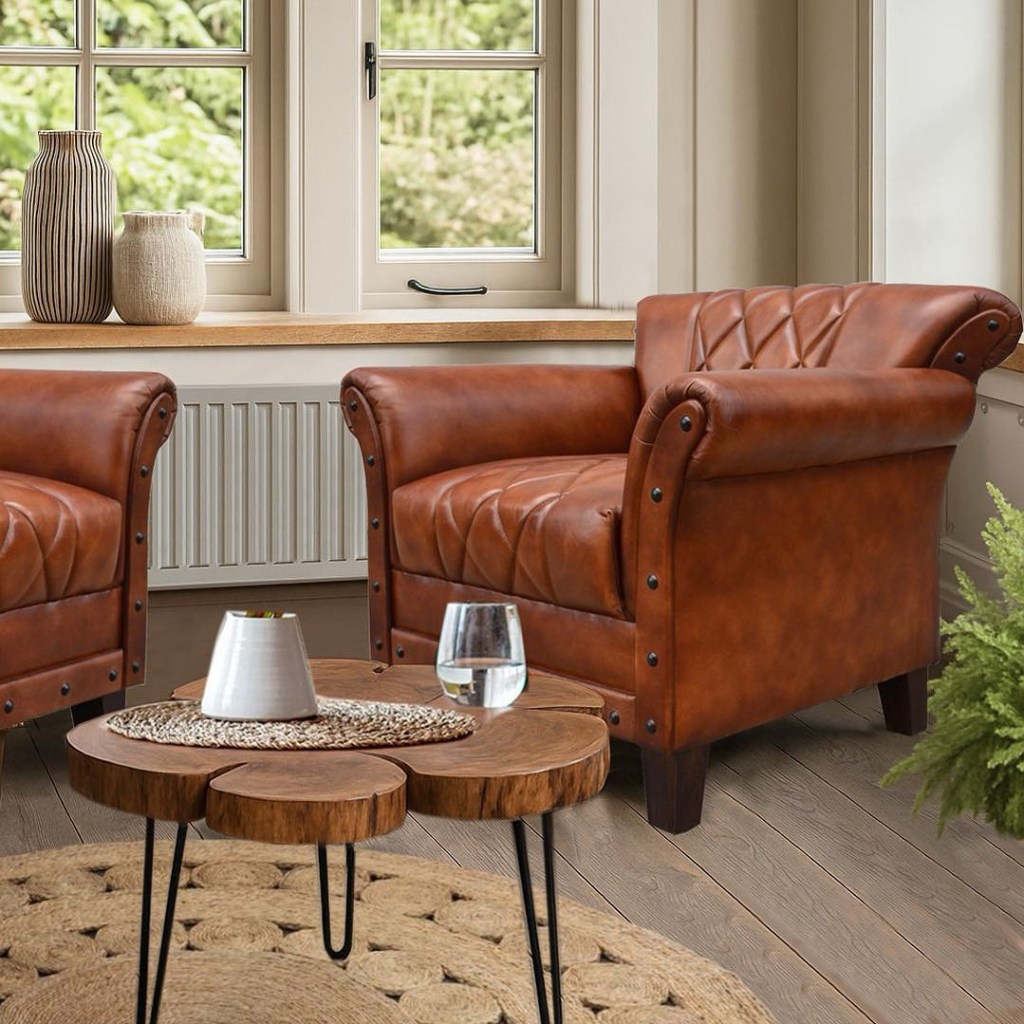 Fotel Professor z naturalnej skóry w stylu loftowym – elegancki, brązowy fotel industrialny od Karina Meble, idealny do salonu lub gabinetu.