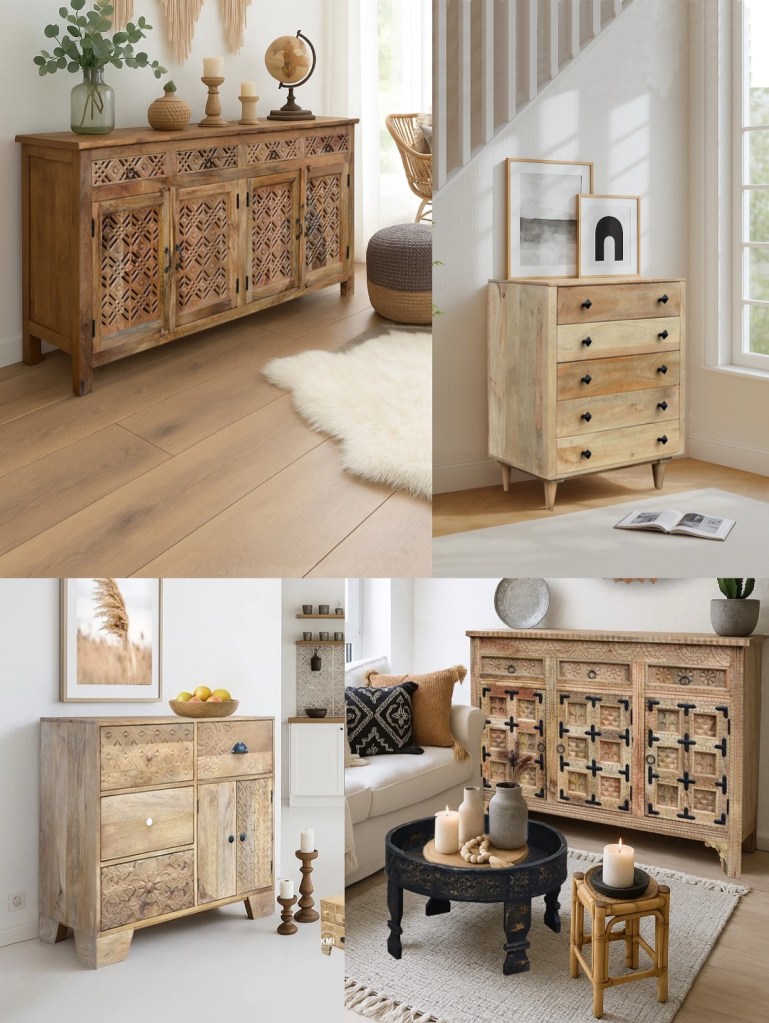 Kolaż czterech drewnianych komód z litego drewna mango w stylu boho i hampton, ustawionych w jasnych, przytulnych wnętrzach z naturalnymi dodatkami i roślinami.