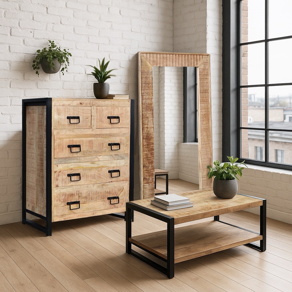 Komoda loftowa z drewna mango i metalu, stolik kawowy industrialny i lustro – kolekcja Just For Me od Karina Meble