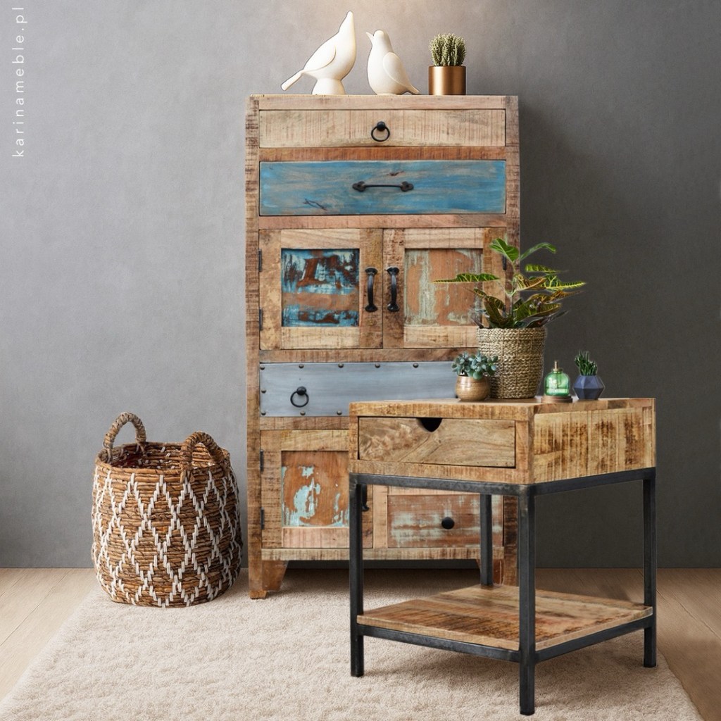 Drewniana komoda słupek z drewna mango – meble loftowe i indyjskie w stylu vintage, Karina Meble Janki