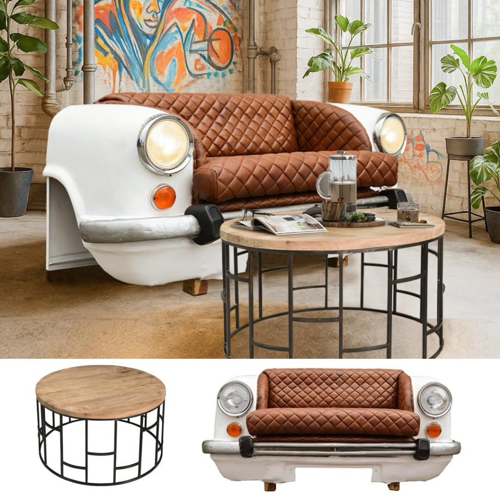 Sofa Ambasador – mebel loftowy wykonany z przodu auta, z pikowaną tapicerką i metalowym wykończeniem, styl industrialny, Karina Meble