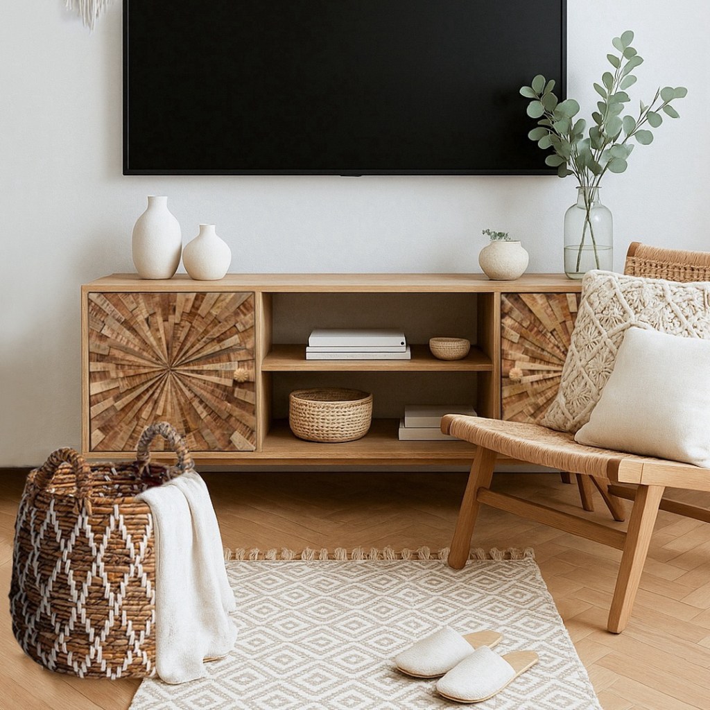 Szafka RTV SUNRISE – meble indyjskie z postarzanego drewna mango w stylu boho, Karina Meble Janki