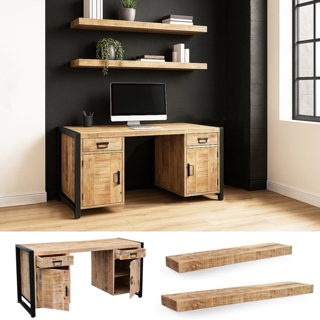 Loftowe biurko z drewna mango z czarną metalową ramą i szafkami, ustawione przy ścianie w stylu industrialnym.