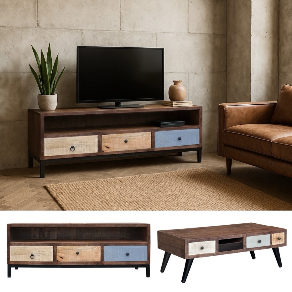 Industrialna szafka RTV z litego drewna mango i czarnego metalu, z trzema kolorowymi szufladami, ustawiona w nowoczesnym salonie w stylu loftowym z beżową sofą i betonową ścianą.