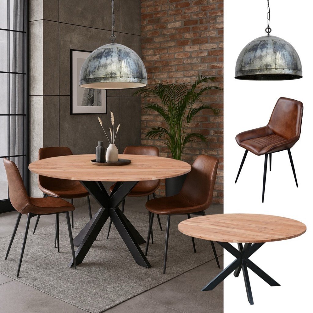Okrągły stół loftowy z litego drewna akacji o średnicy 140 cm, na czarnej stalowej podstawie, w industrialnej jadalni z ceglaną ścianą i brązowymi krzesłami.