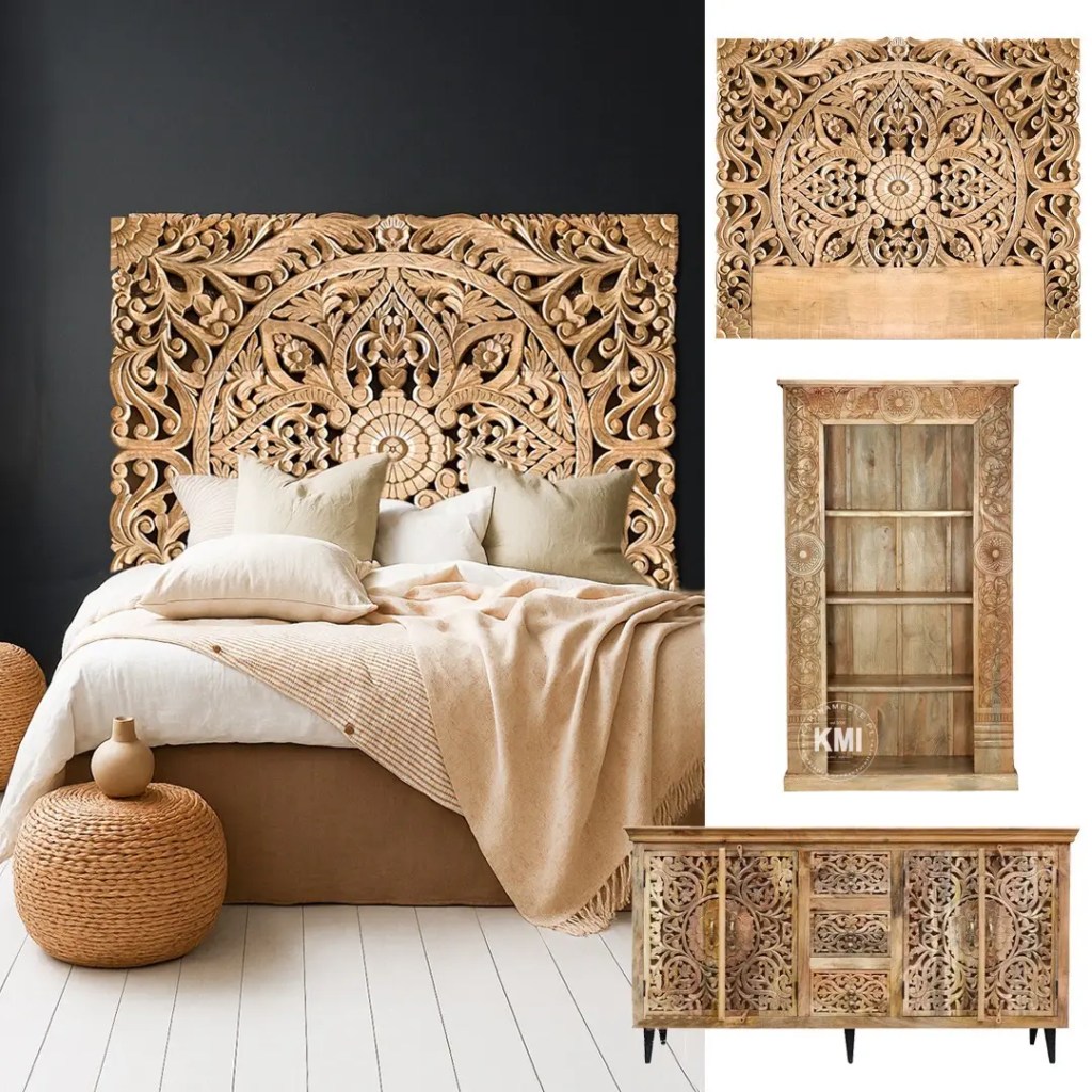 Rzeźbiony zagłówek Mandala z litego drewna mango w orientalnym stylu, ustawiony w jasnej sypialni boho z beżową pościelą i naturalnymi dodatkami z wikliny.