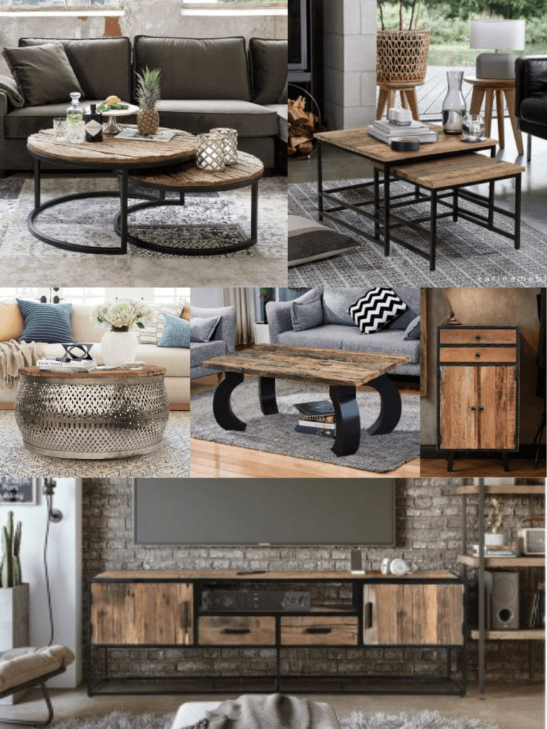 Kolaż mebli industrialnych z kolekcji OFF ROAD – stoliki, komody i szafki z odzyskanego drewna i metalu w stylu loftowym.