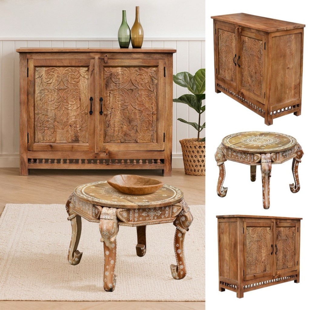 Ręcznie rzeźbiona komoda z drewna mango oraz stolik kawowy na nogach w kształcie słoni.