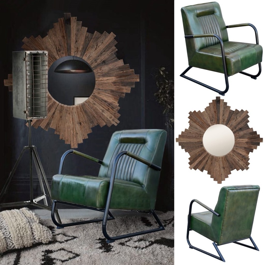 Fotel loftowy z zielonej, postarzanej skóry na czarnej, metalowej ramie. W tle wisi duże, okrągłe lustro w stylu sunburst wykonane z drewnianych desek z odzysku. Wnętrze w stylu industrialnym z ciemnymi ścianami.